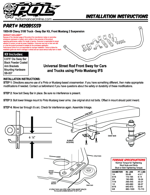 Sway Bar Kit, Front Mustang 2 Suspension, 1955-59 Chevy 3100 Truck