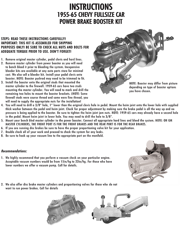 55 56 57 Chevy Belair 150 210 7" power brake booster master cylinder 