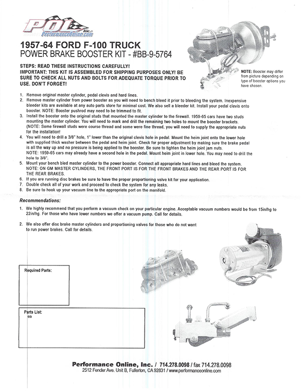 1957-64 Ford F100 Truck Firewall Mount Power Brake Booster Kit Drum Brakes 
