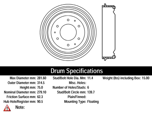 Brake Drum Size Chart
