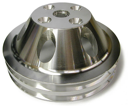 SMALL BLOCK CHEVY MIRROR FINISH 6061-T6 ALUMINUM NEW BILLET SPECIALTIES POLISHED 2 V-BELT GROOVE WATER PUMP PULLEY FOR SBC SHORT WATER PUMPS 6 7/16 