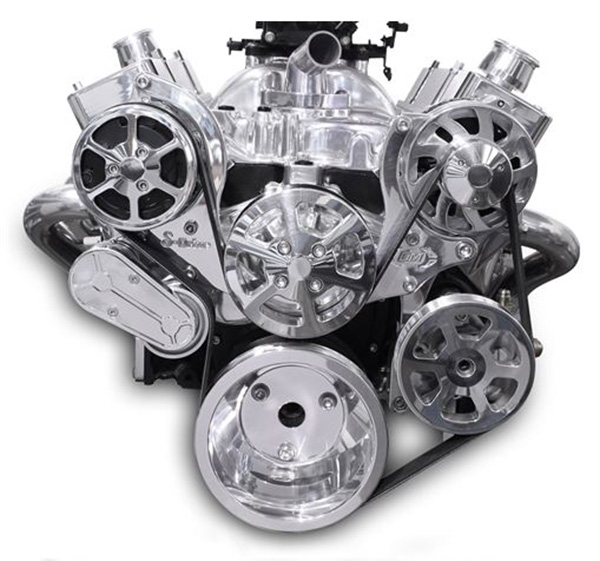 6 Rib Serpentine Pulley Kit w/ Remote PS Reservoir, Polished Finish - Small Block Chevy