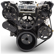 6 Rib Serpentine Pulley Kit w/ Remote PS Reservoir, Matte Black Finish - Small Block Chevy