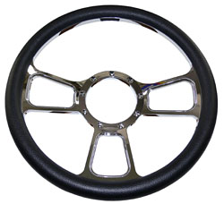 Billet Steering Wheel, Chromed 14" GT Sport Style with Simulated Black Leather Grip